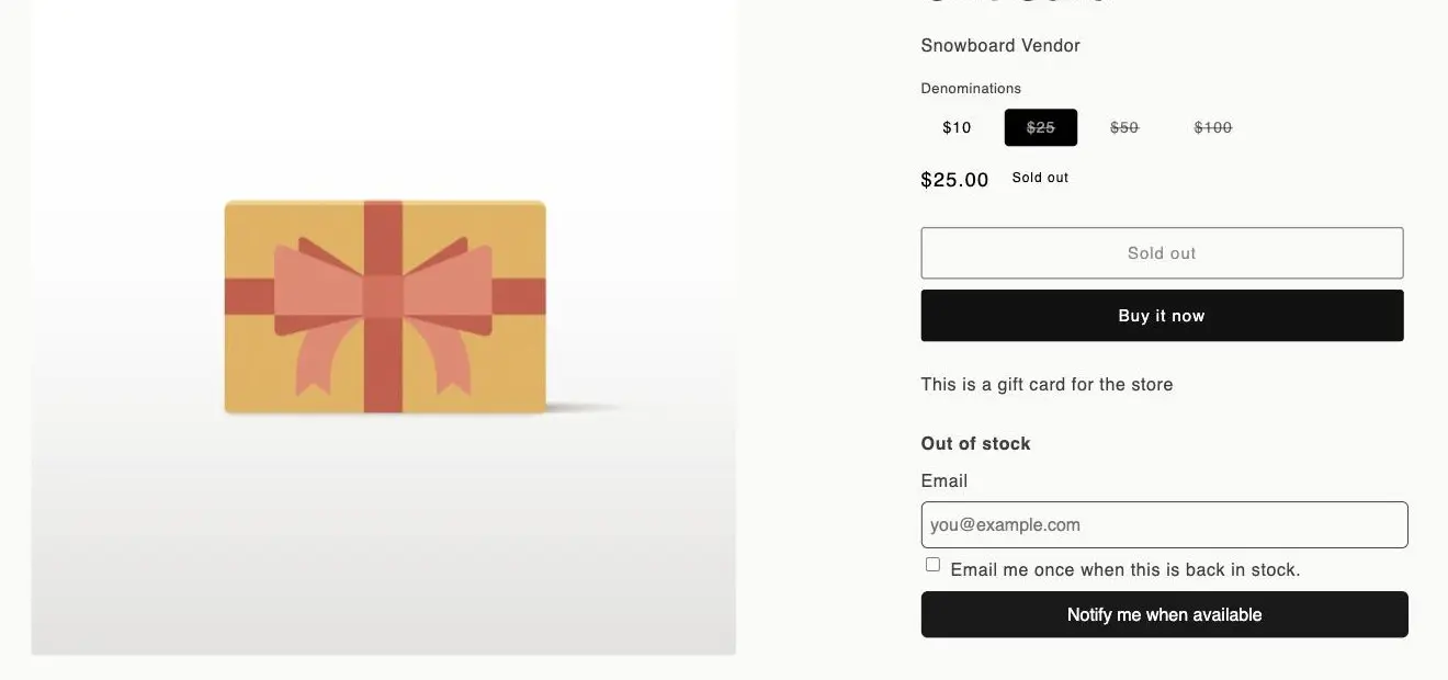 A product page with a sold-out variant selected, showing the Out of stock heading, an Email field, the consent checkbox and the Notify me when available button.