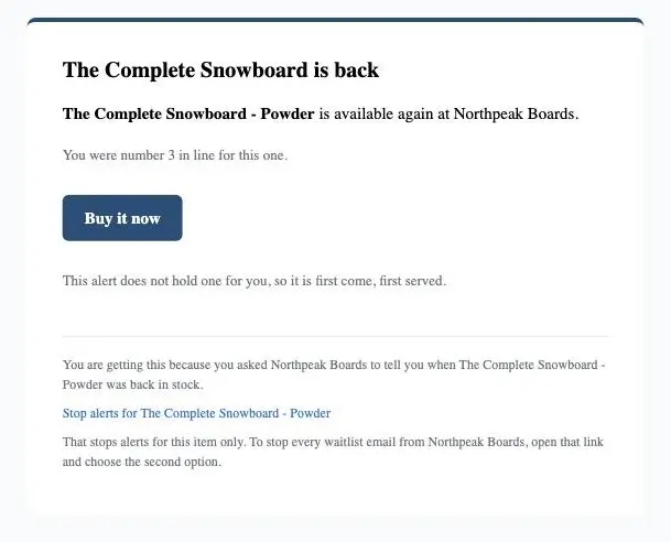 The restock alert email, saying the product is back, with a Buy it now button.