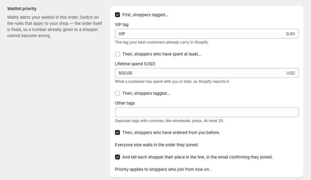 The Waitlist priority section of Waitly Settings, with four rule checkboxes, the VIP tag, Lifetime spend (USD) and Other tags fields, and the place-in-line checkbox.